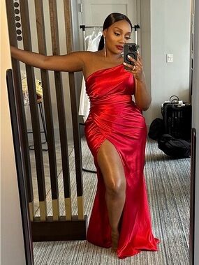 David’s Bridal Charmeuse One-Shoulder Red Satin Gown with High Leg Slit